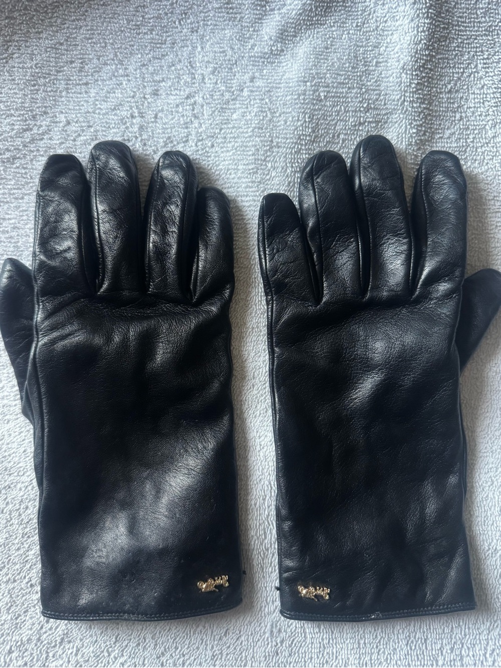 Coach Black Leather Wool Lined Gloves with Gold Logo Accent